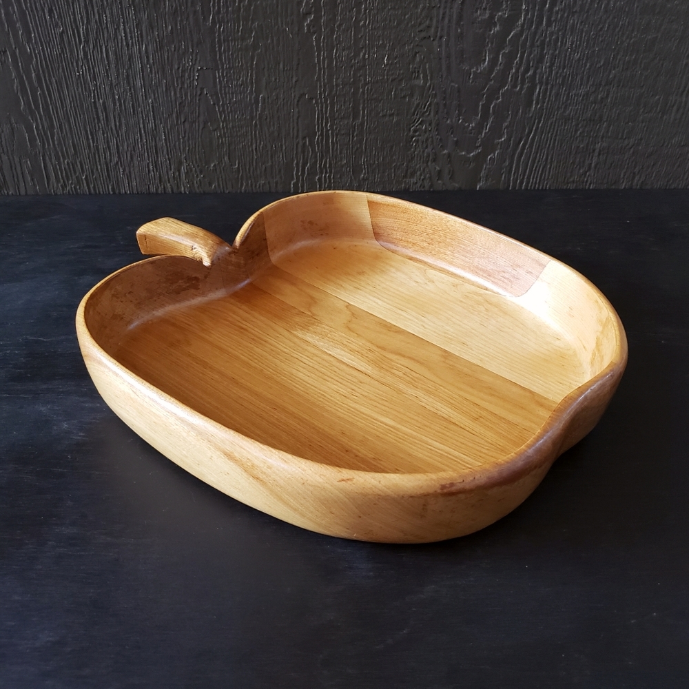 Vintage Solid Wood Large Handmade Carved Apple Shaped Folk Art Tray